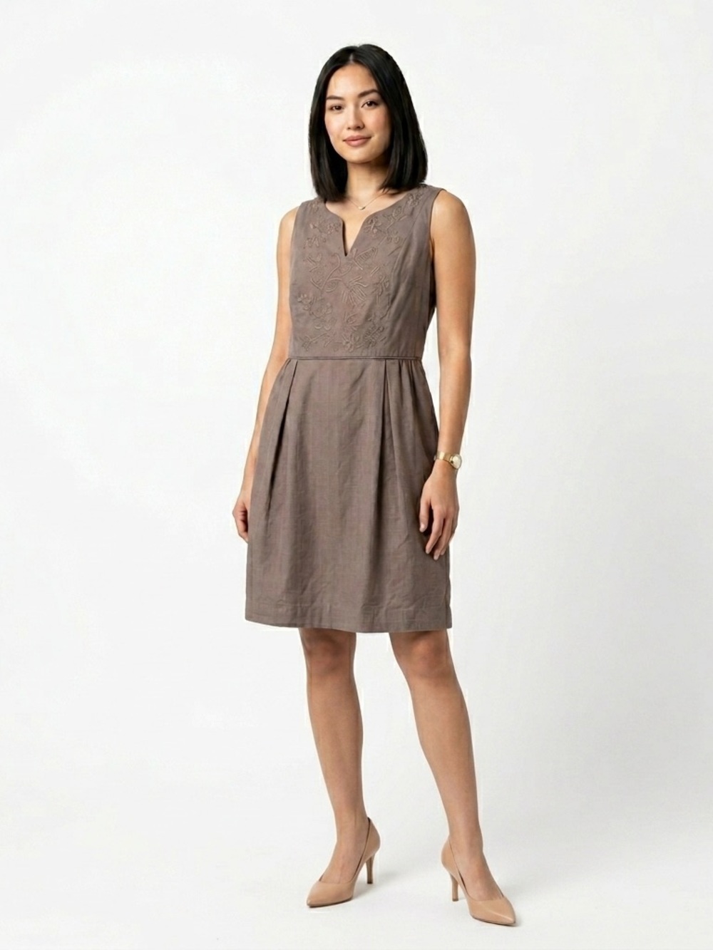 Boden Ada Sleeveless Dress Floral Embroidered Cotton Taupe Brown Size 12R